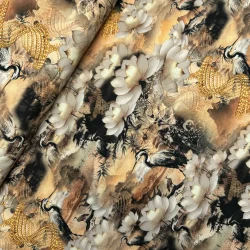 Baumwolljersey Lotosblüten mit Kranich auf Gold