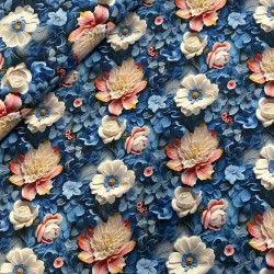 Viskosejersey 3D Blumen Creme Blau