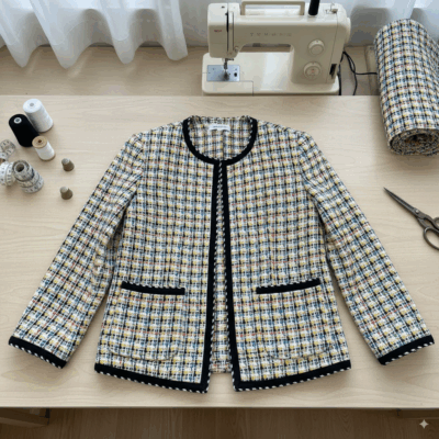 Bouclé Stoff – Baumwolle/Polyester – Bunt auf Weiß – Perfekt für Jacken & Röcke
