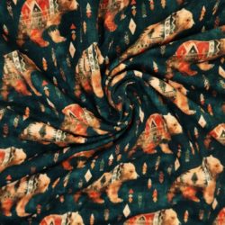 French Terry angeraut – Bären im Ethno-Stil auf Dunkelstahlblau