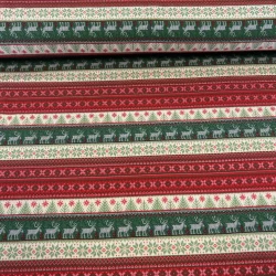 French Terry Weihnachten – Norwegermuster mit Elchen & Sternen, Rot-Grün