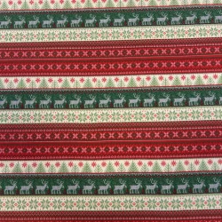 French Terry Weihnachten – Norwegermuster mit Elchen & Sternen, Rot-Grün