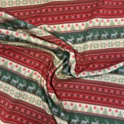 French Terry Weihnachten – Norwegermuster mit Elchen & Sternen, Rot-Grün