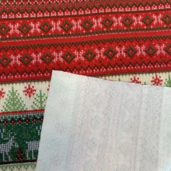 French Terry Weihnachten – Norwegermuster mit Elchen & Sternen, Rot-Grün