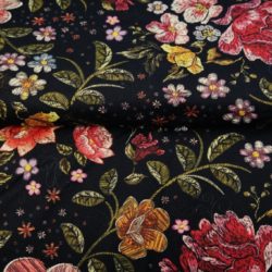 Baumwolljersey „Garden Embroidery“ – floraler Print auf Dunkelblau
