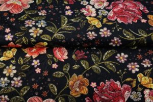 Baumwolljersey „Garden Embroidery“ – floraler Print auf Dunkelblau