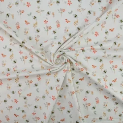 ???? Baumwolljersey „Bee Meadow White“ – zarte Blumen & kleine Bienen – Meterware