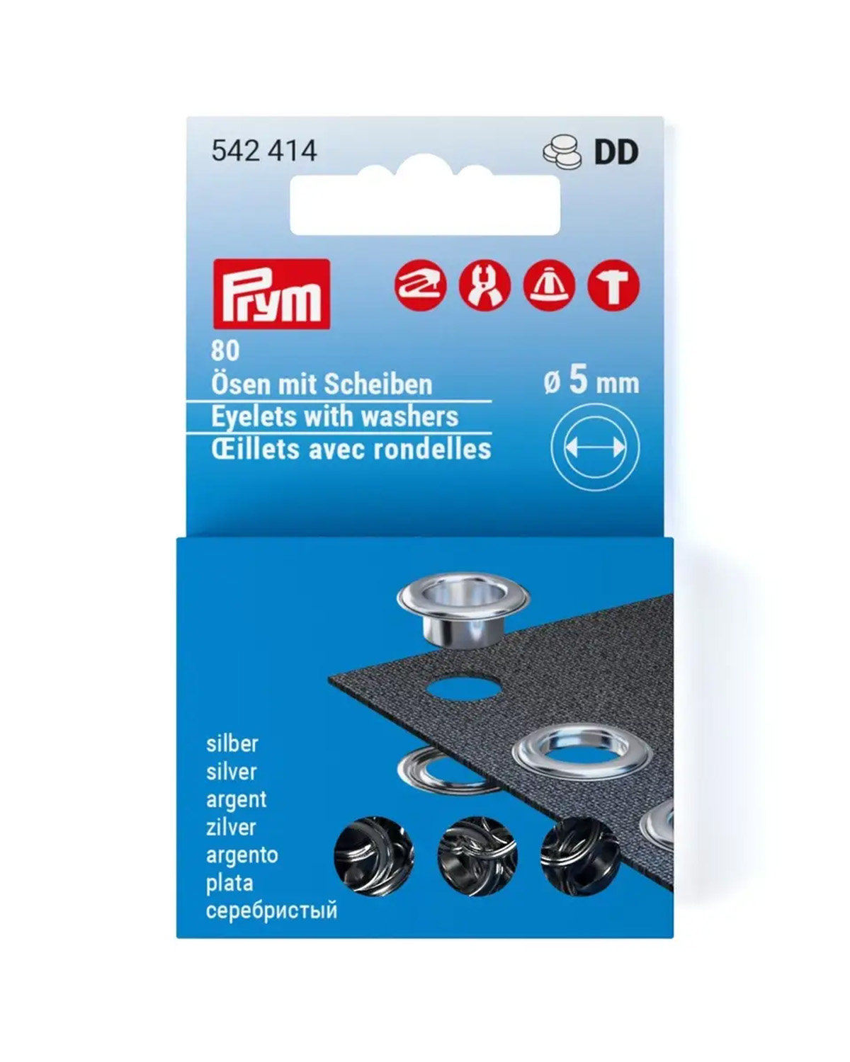 Prym Ösen mit Scheiben – Nachfüllpackung 5 mm, silber (80 Stück)