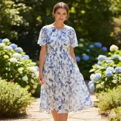 Viskose „Blue Birds“ – fließender Viskosestoff mit Vögeln & Blättern in Blau