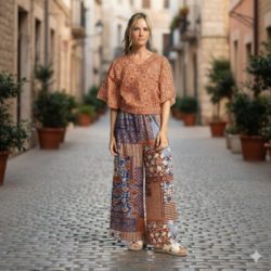 Baumwoll-Voile „Patchwork Terracotta“ – leichter Baumwollstoff mit Retro-Patchwork-Design