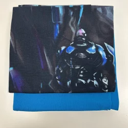 Jersey Mini Stoffpaket – Future Warrior | Panel ca. 60×50 cm + 0,6 m Uni Türkis