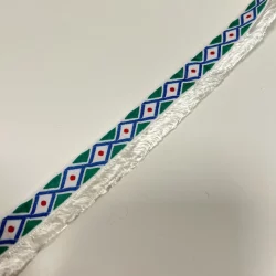 Webband mit Fransen 23 mm – Rautenmotiv in Grün, Blau & Weiß