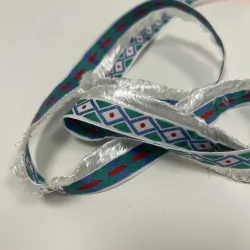 Webband mit Fransen 23 mm – Rautenmotiv in Grün, Blau & Weiß