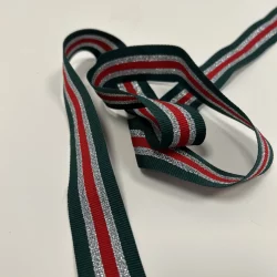 Ripsband 30 mm – Grün mit Rot-Silber-Streifen