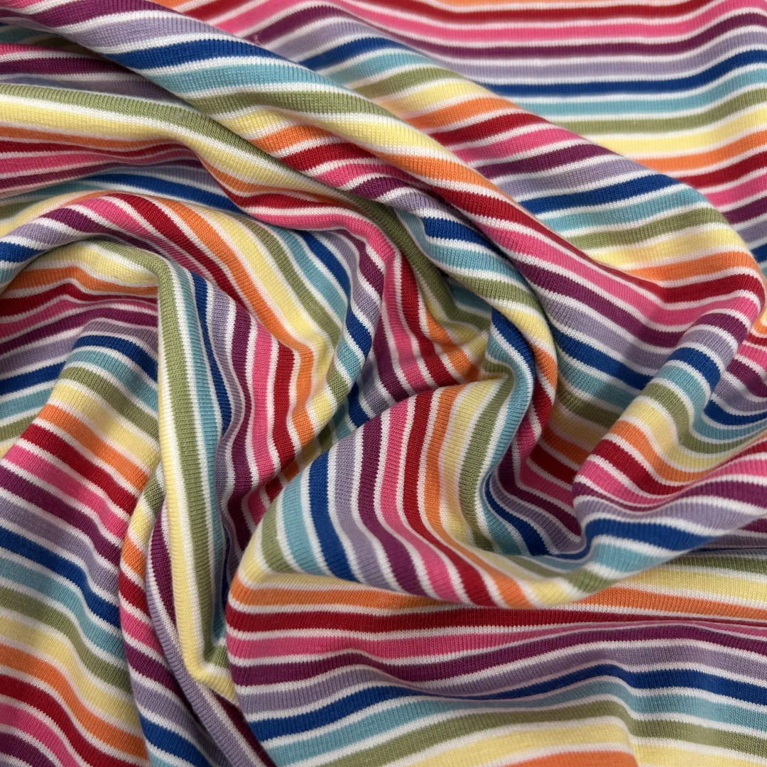 Jersey Stoff Bunte Streifen – weicher Baumwolljersey mit Regenbogenstreifen