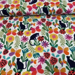Jersey „Sommerwiese mit Katzenzauber“ – bunter Baumwolljersey mit Katzen, Blumen & Marienkäfern