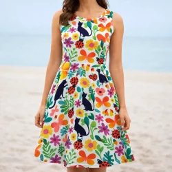 Alternative view of Jersey „Sommerwiese mit Katzenzauber“ – bunter Baumwolljersey mit Katzen, Blumen & Marienkäfern